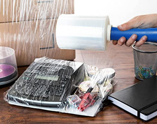 BOMEI PACK Mini Stretchfolie, Handfolie Wickelfolie, 20my x 127mm x 300m, Packfolie Transparent, 4 Rollen mit 1 Griff