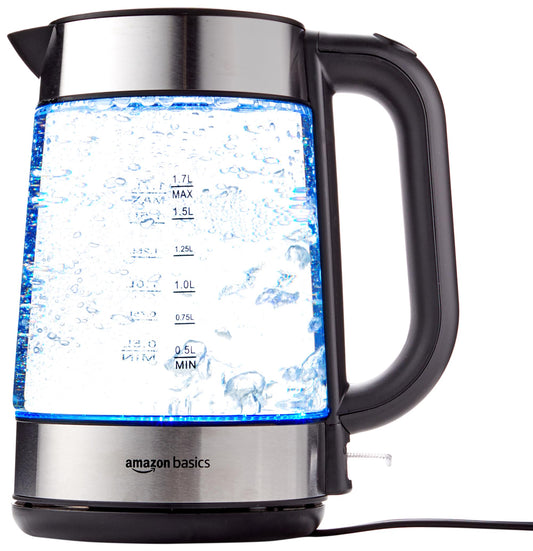 Amazon Basics - Elektrischer Wasserkocher aus Glas, 1,7 l, 2200 W, Schwarz, Silber