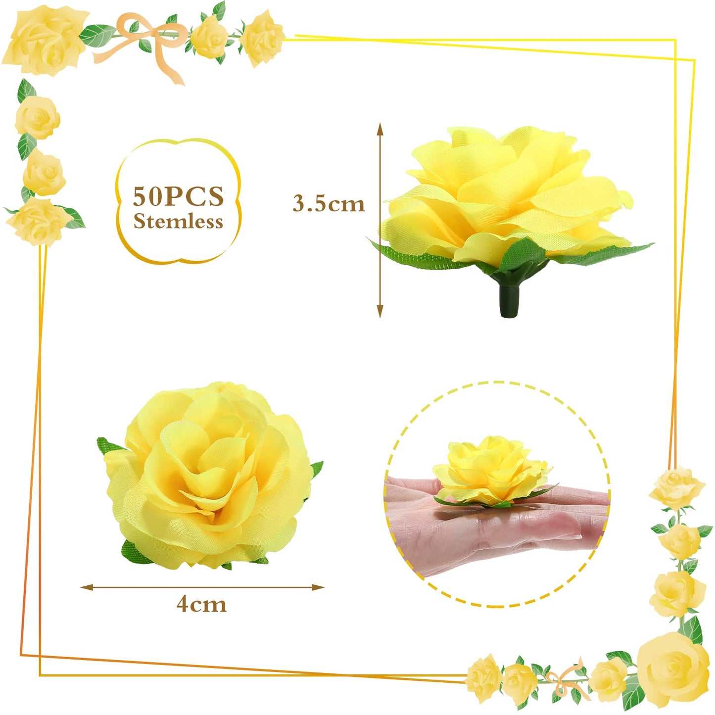 Kesote 50x Künstliche Blumenköpfe Blütenköpfe Kunst Blumen Rosen Köpfe für Hochzeit Party Deko DIY (Ø 4cm, Gelb)