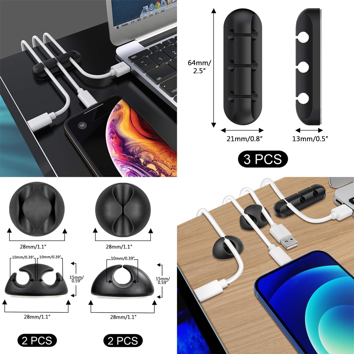 SOULWIT Kabelmanagement Kit, 4 Kabelschläuche, 7 Silikon Kabelhalter, 20+2 Kabelbinder Selbstklebend, 37 Kabelklemmen Groß, 100 Kabelbinder, 20 Kabelschelle Nagelschellen, 10 Klebesockel für TV PC