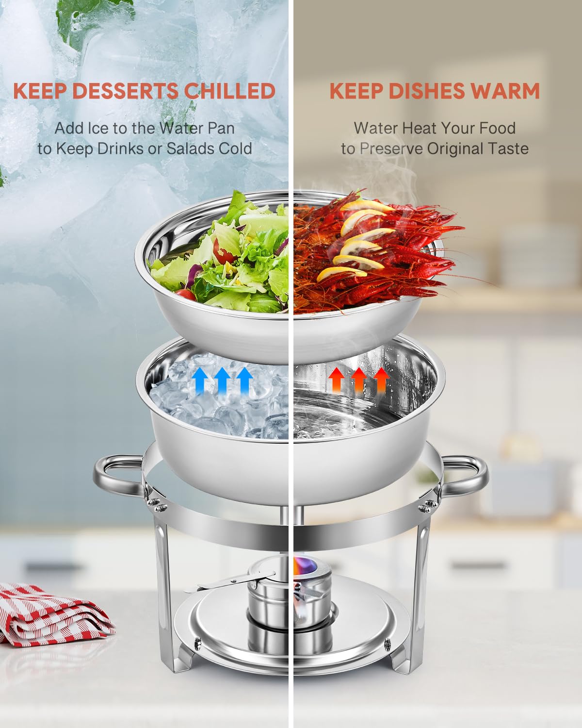 Wilprep 5L 4Set Rund Chafing Dish Edelstahl Speisenwärmer Wärmebehälter Suppenwärmer Bain Marie Speisen Warmhaltebehälter ideal für Events & Partys