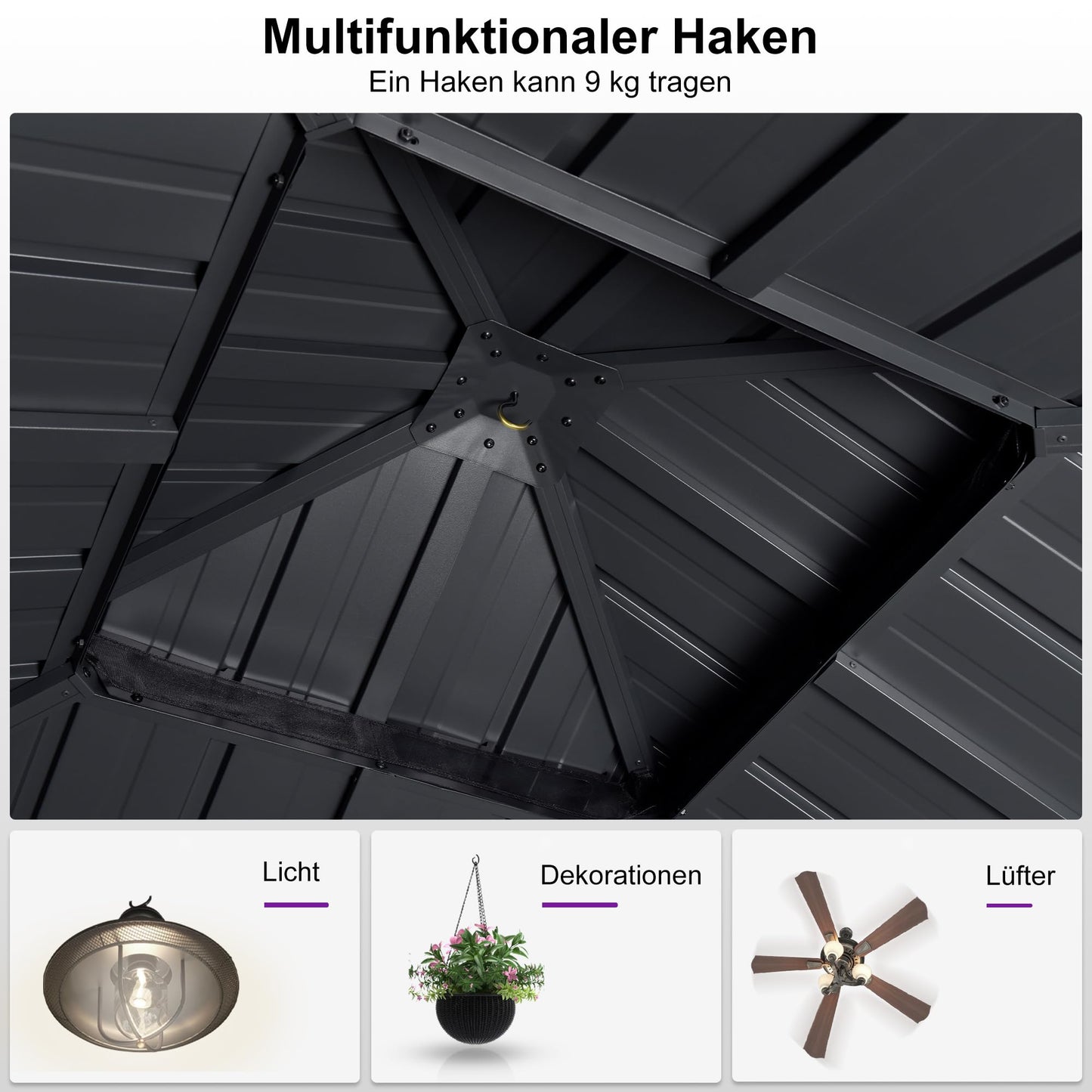 PURPLE LEAF Gartenpavillon 2.4 x 2.4 m Festem Dach, Basisch Pavillon Wasserdicht Stabil Winterfest Stahldach Hardtop Pavillon mit Seitenteilen Alu Pavillon für Grillpavillon, Grau