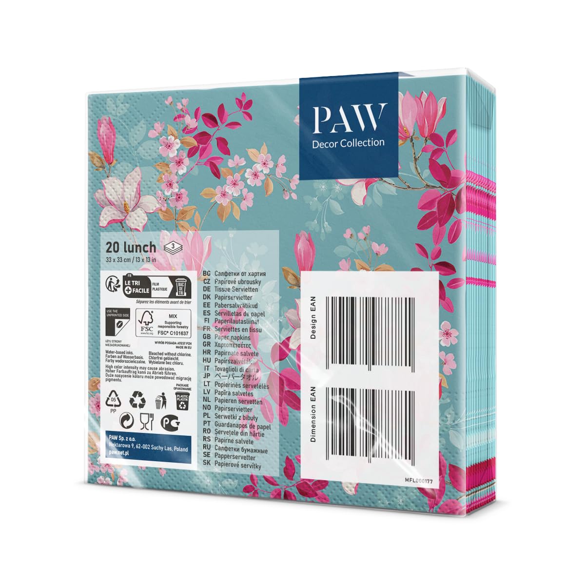 PAW - Servietten 3-lagig (33 x 33 cm) I 20 Stück I Perfekt für Geburtstage, Partys, Hochzeiten, Kommunion und Feiern I Papierservietten Bunt - Blumen, Magnolie, Garten I Farbe: Magnolia
