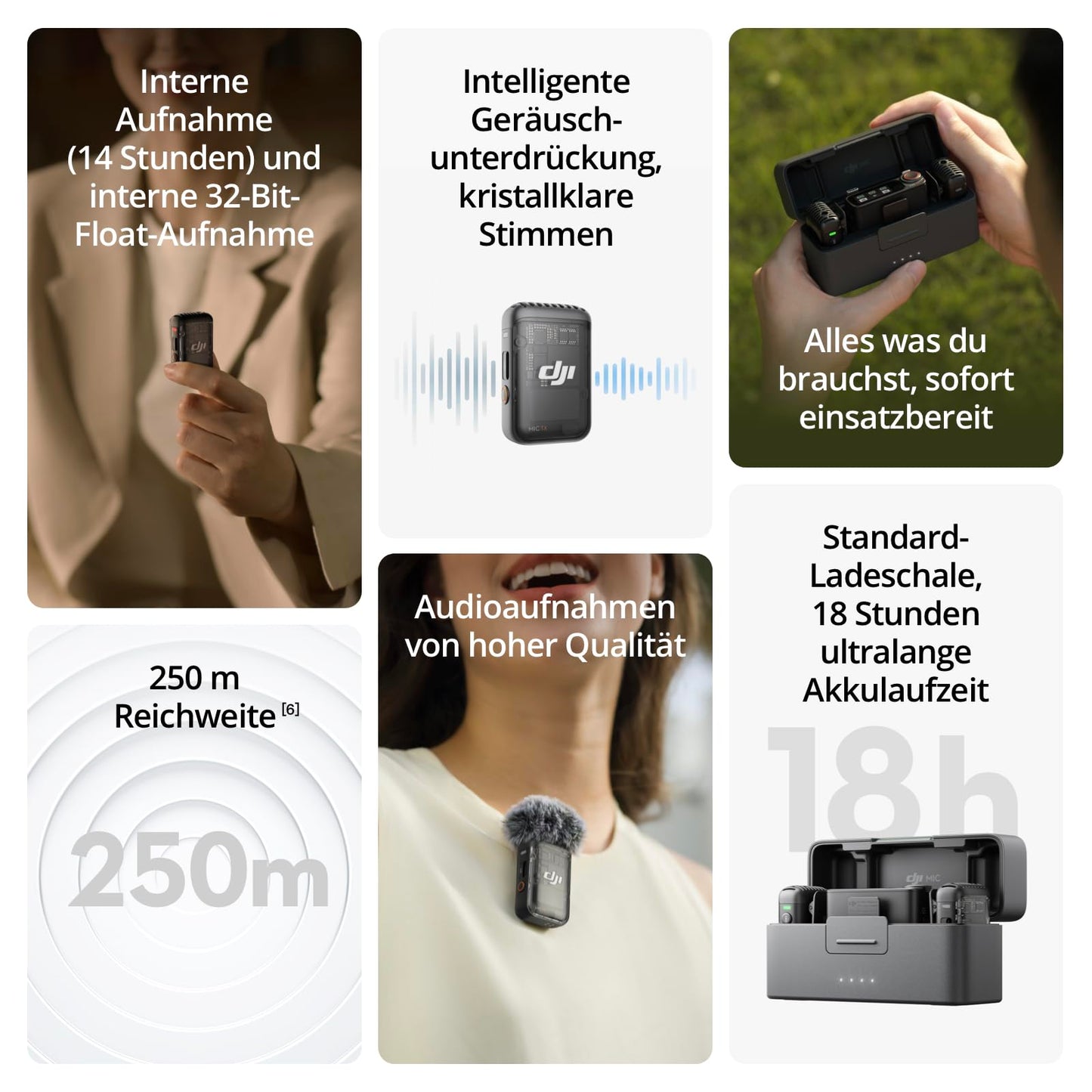 DJI Mic 2, lavalier mikrofon wireless, Rauschunterdrückung, 48kHz Interne 32-Bit-Float-Aufnahme, 250 m Reichweite, 18 Std. Akku mit Ladecase, Mikrofon für Kamera/Handy, Vlog, Streaming