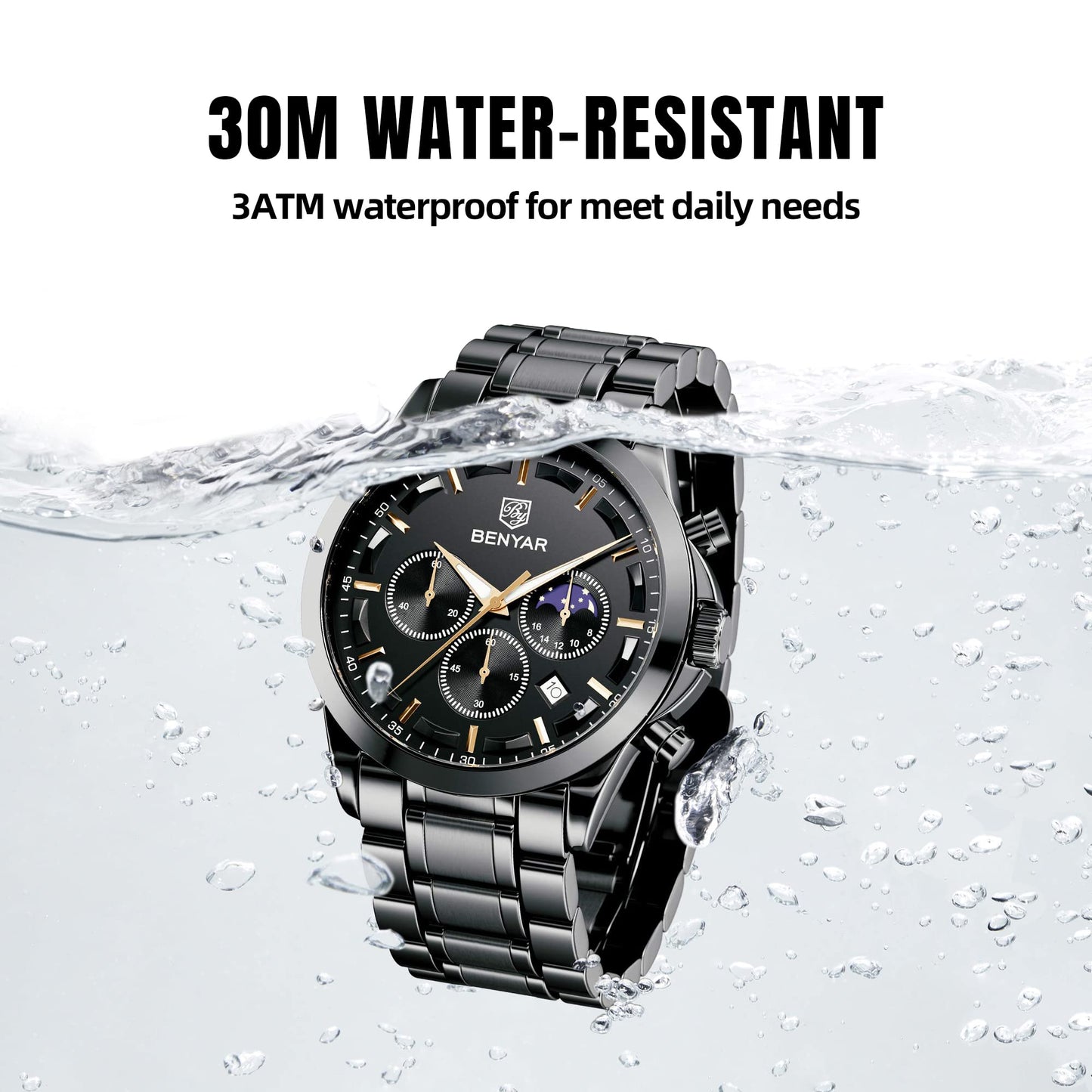 BY BENYAR Uhren Herren Edelstahl Armbanduhr Herren Chronograph Analog Quarz Wasserdicht Herrenuhr Leuchtende Datum Mode Lässig Business-Kleid Uhren Elegantes Geschenk fur Männer