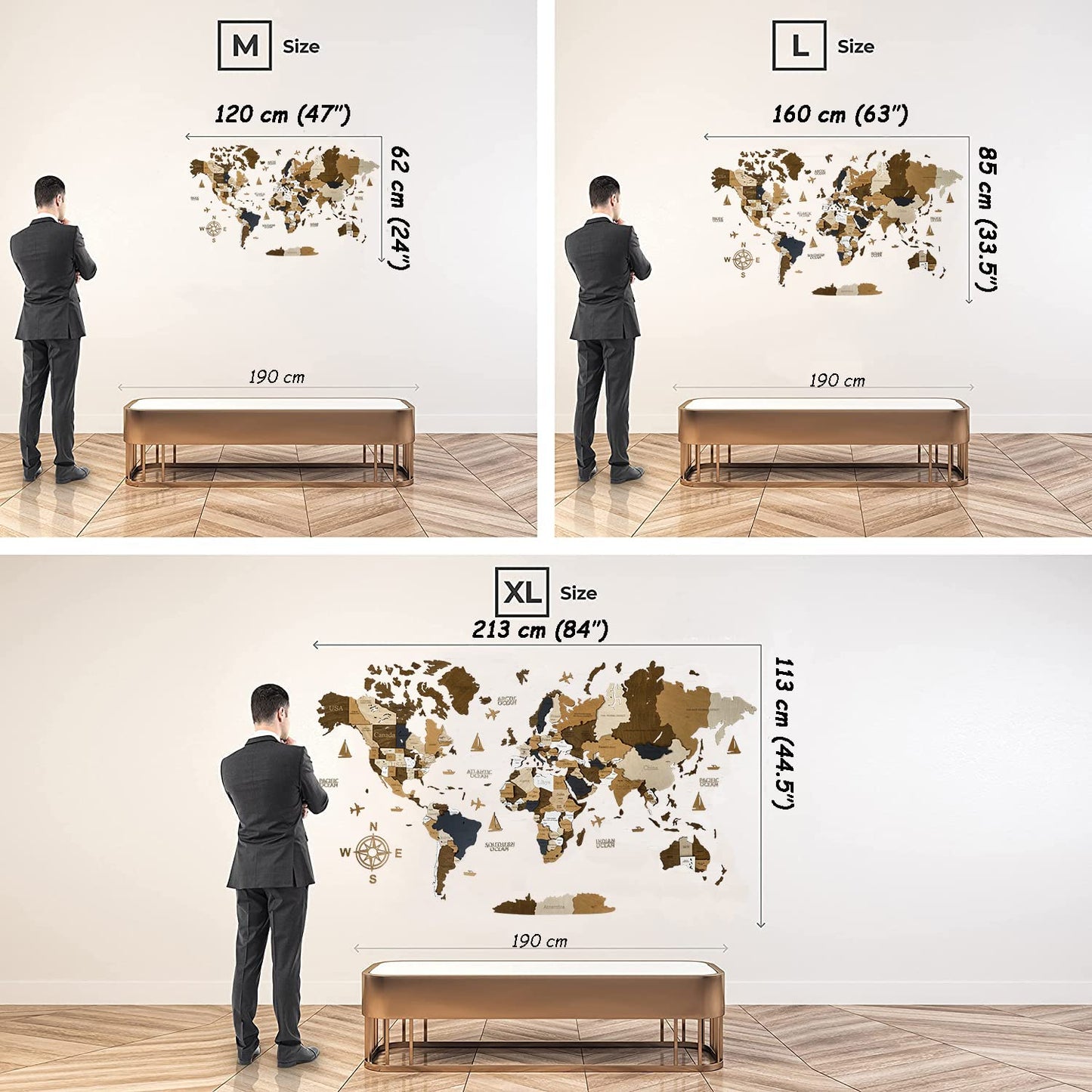 Holz-Weltkarte, 3D-Kunst, große Wanddekoration, für jeden Anlass, in den Größen M, L, XL, Geschenkidee, Wandkunst für Zuhause, Küche oder Büro