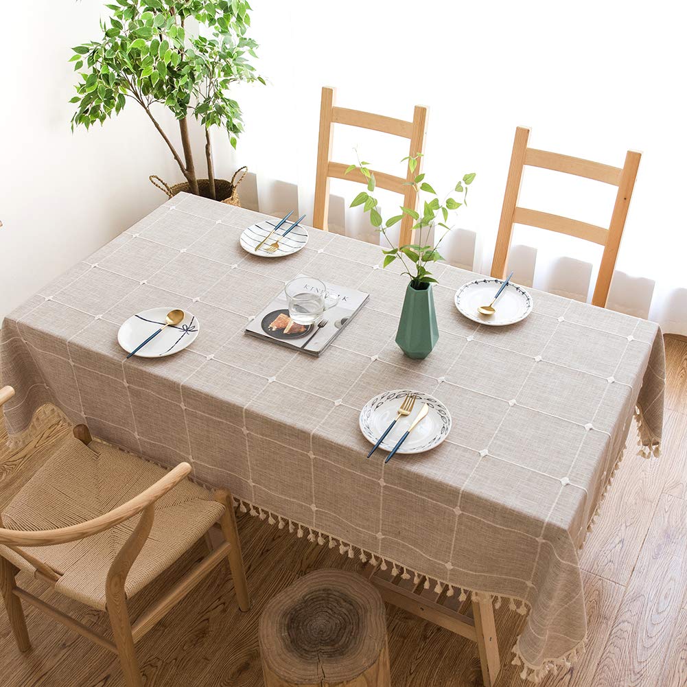 SUNBEAUTY Tischdecke Abwaschbar 140x200 Tischdecke Baumwolle Leinen Tischdecken Rechteckig Tischtuch Beige mit Quasten für Home Küche Speisetisch Dekoration