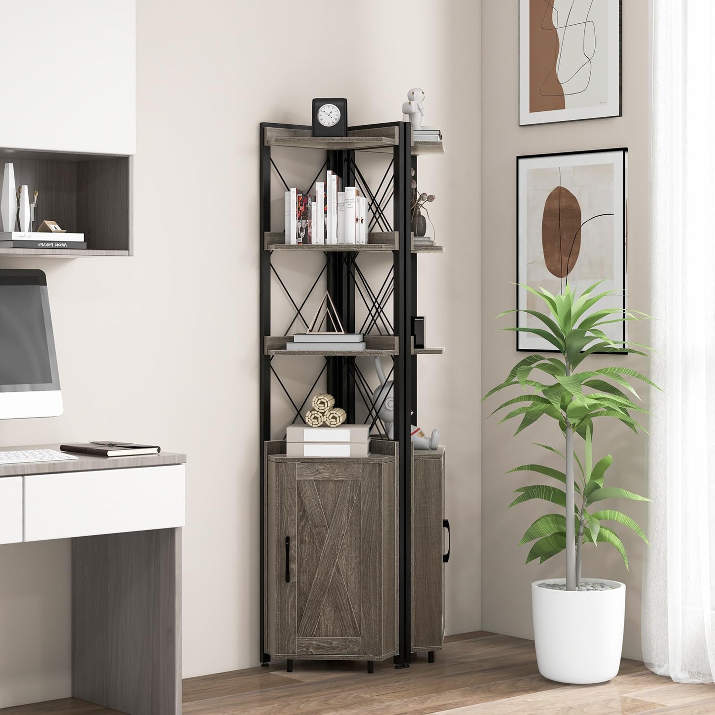 COSTWAY 6-stöckiges Bücherregal, Standregal industriell, Hochschrank schmal mit 4 Ablagen & verstellbaren Regalen, Küchenschrank Eckschrank platzsparend, 48 x 32 x 180 cm (Grau)