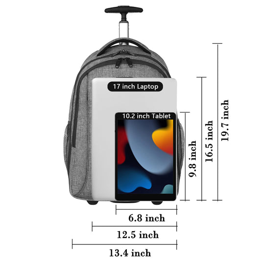 MATEIN Schulrucksack mit Rollen, Business Trolley Leicht Handgepäck Flugzeug Reiserucksack Herren 17 Zoll Laptoptasche Reisetasche mit Rädern Damen Schultrolley Wheeled Backpack für Arbeit, Uni, Grau