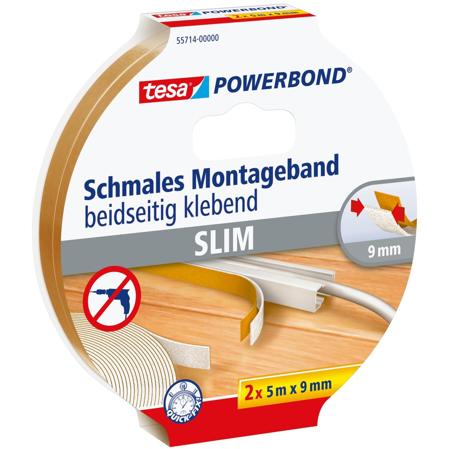 tesa Powerbond Montageband Schmal, 2 Stück - extra schmales Montageklebeband aus Schaumstoff, doppelseitig klebend - beige, 5 m x 9 mm - 2 Rollen