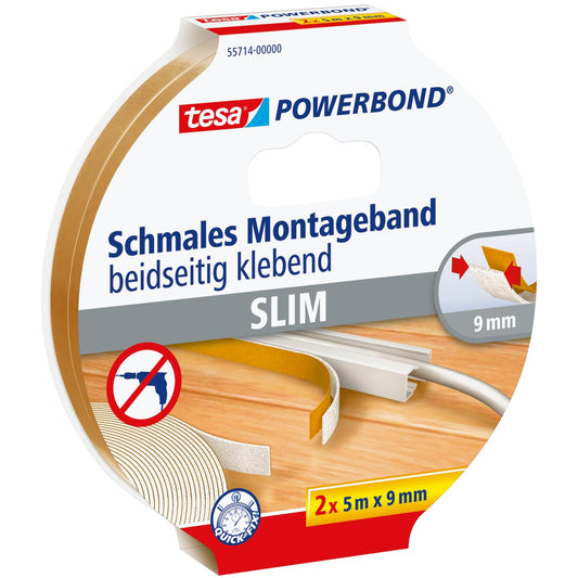 tesa Powerbond Montageband Schmal, 2 Stück - extra schmales Montageklebeband aus Schaumstoff, doppelseitig klebend - beige, 5 m x 9 mm - 2 Rollen