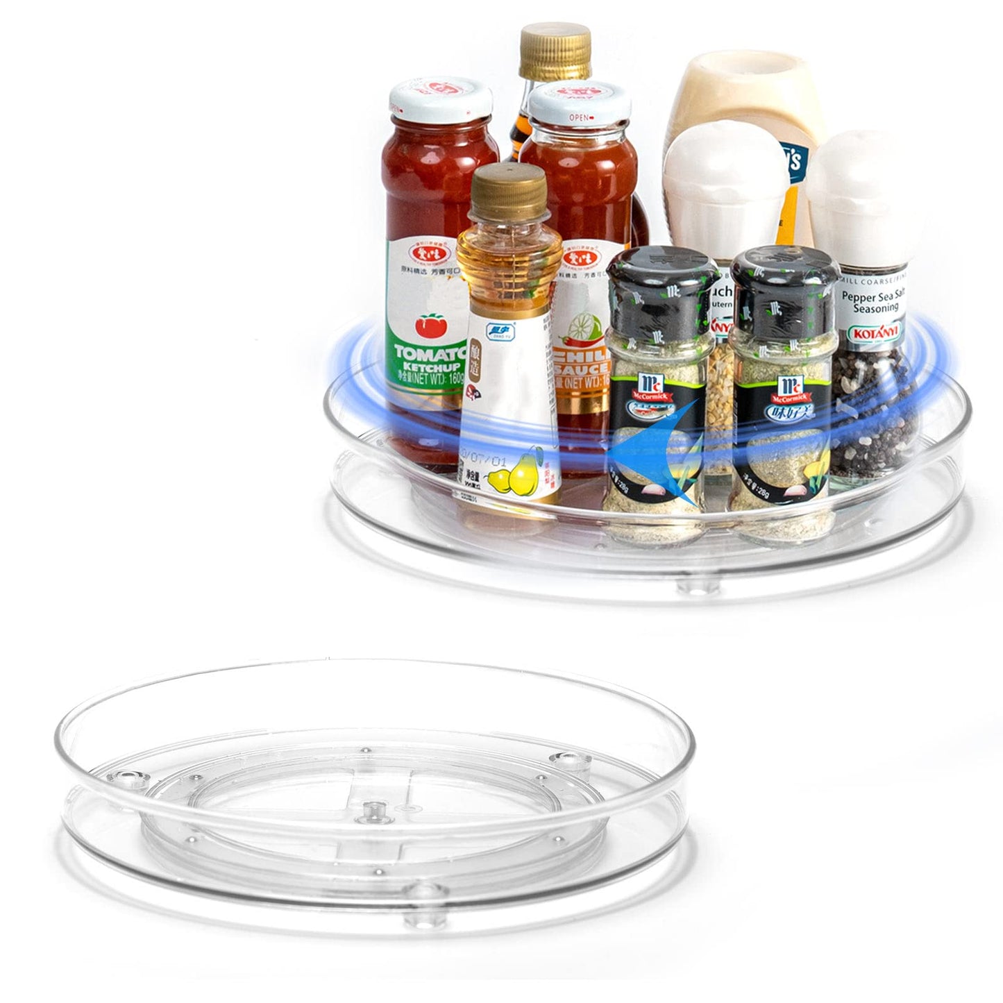 LUZOON Kühlschrank Organizer 2 Stück:27+23cm, Schrank Organizer Küchen Lazy Susan 360° Drehbarer Gewürzhalter – Transparent (Transparent, 2PCS：27cm+23.5cm)