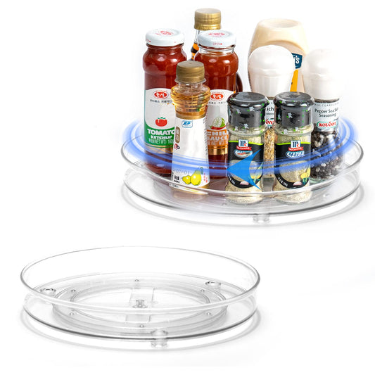 LUZOON Kühlschrank Organizer 2 Stück:27+23cm, Schrank Organizer Küchen Lazy Susan 360° Drehbarer Gewürzhalter – Transparent (Transparent, 2PCS：27cm+23.5cm)
