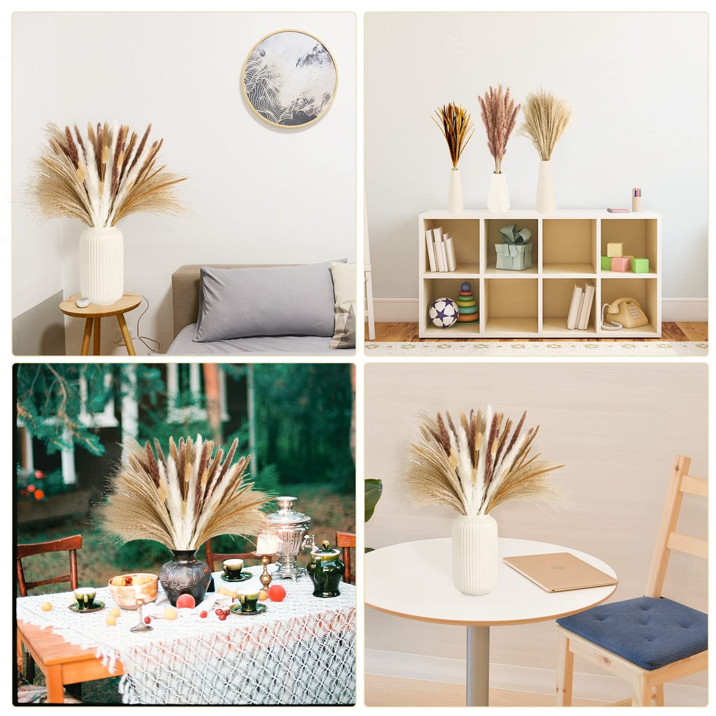 Pampasgras Trockenblumen Deko, 120 Stück Natürliche Braun Weiß Pampasgras Flauschige Wedel, Lagurus und Schilfblume Getrocknete Blumen für Boho Deko Wohnzimmer Schlafzimmer Gartenhaus Hochzeit
