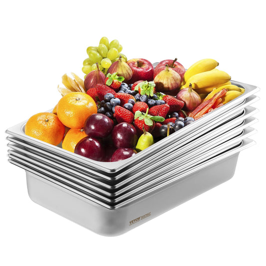 VEVOR Gastronormbehälter, Edelstahl Behälter 6 Stück, 530 x 326 x 107 mm Speisebehälter, kommerzieller Dampfpfanne Warmhaltebehälter 13,9 L Tiefe, Hotelpfanne Tisch Food Pan Buffet Catering