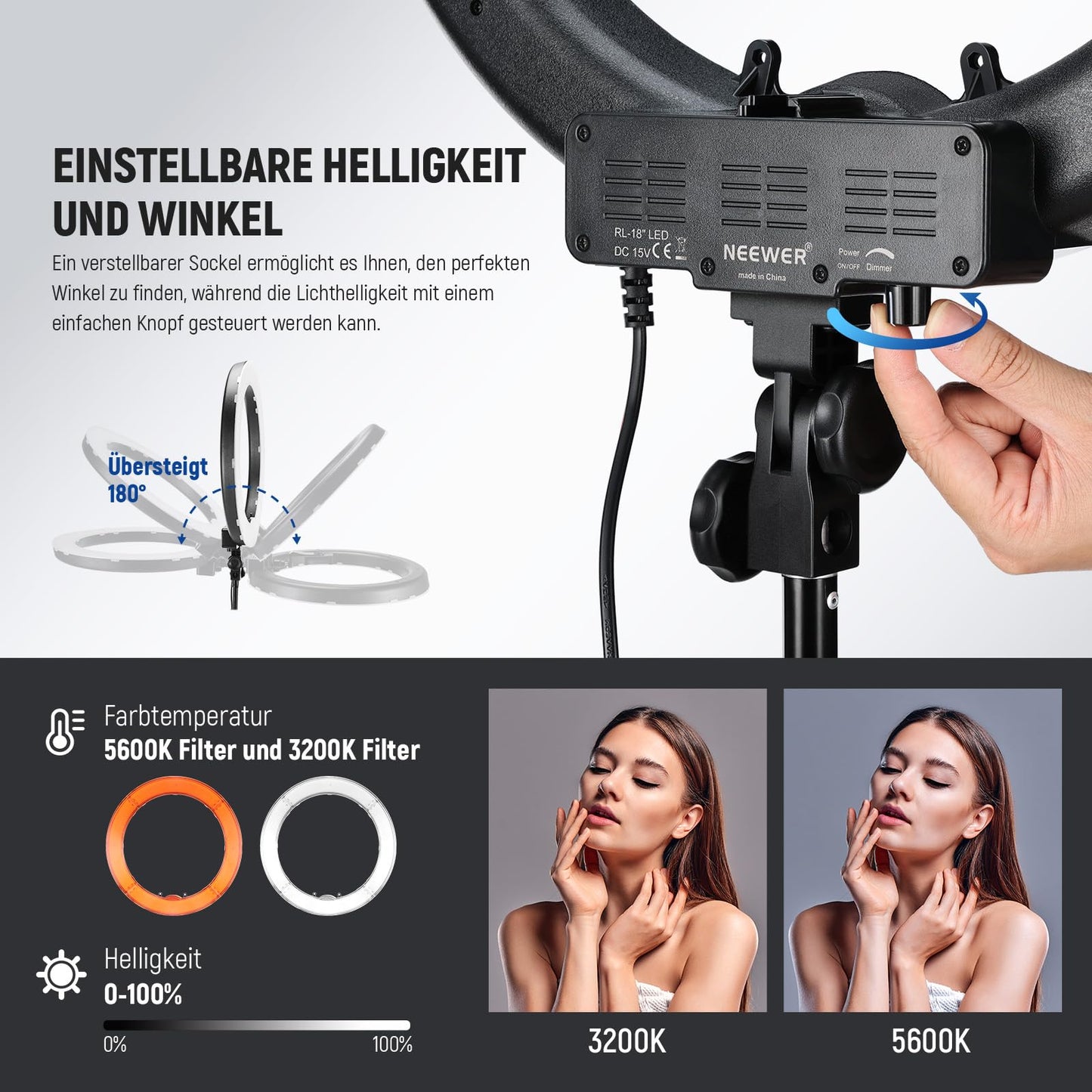 NEEWER Ringlicht mit Stativ Set: 18 Zoll/45cm Außen 55W 5600K Dimmbare LED Ringleuchte mit Bluetooth Fernbedienung für Handy/Kamera für YouTube TikTok Self Porträt Foto, Tätowierer, Make up, Salons