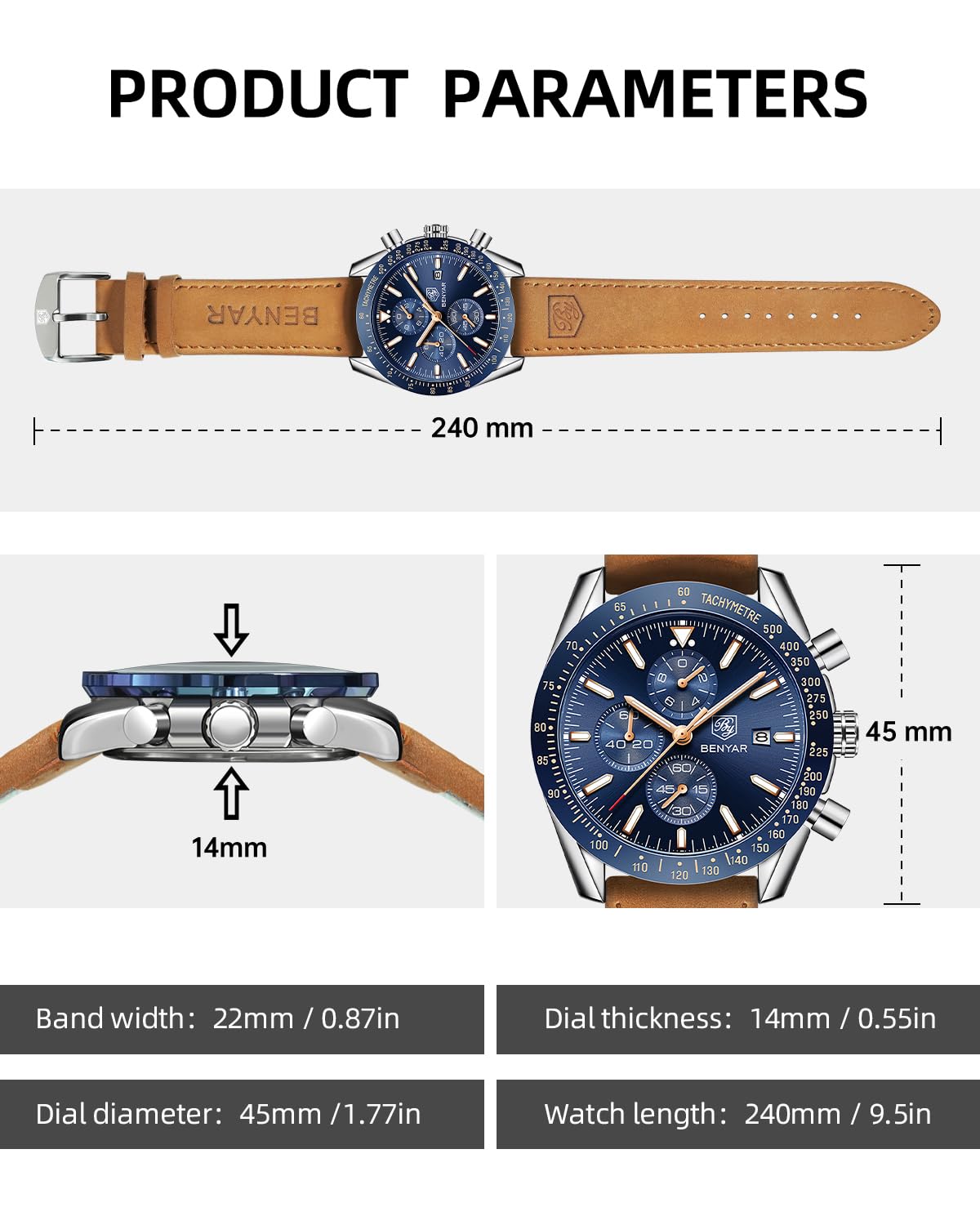 BENYAR Uhren Herren Analog Quarz Chronograph Herrenuhren 30M Wasserdicht Leuchtende Datum Braun Lederband Armbanduhr Lässig Business-Kleid Uhren Elegantes Geschenk fur Männer