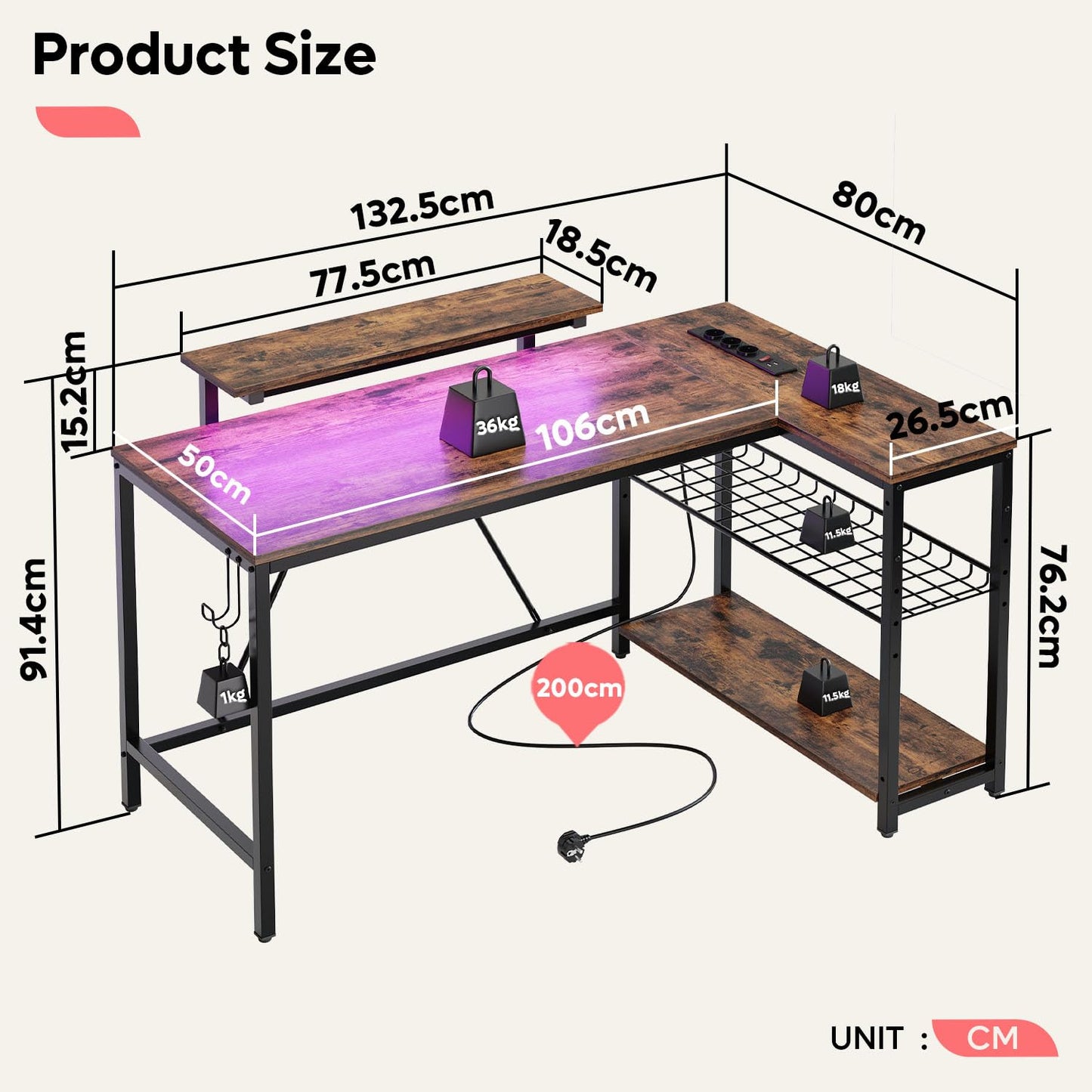 Bestier 132 cm L-förmiger Schreibtisch mit Steckdosen & LED-Beleuchtung, umkehrbarer Eckschreibtisch mit Regalen, großer PC-Arbeitsplatz mit Haken für Home Office und Schlafzimmer