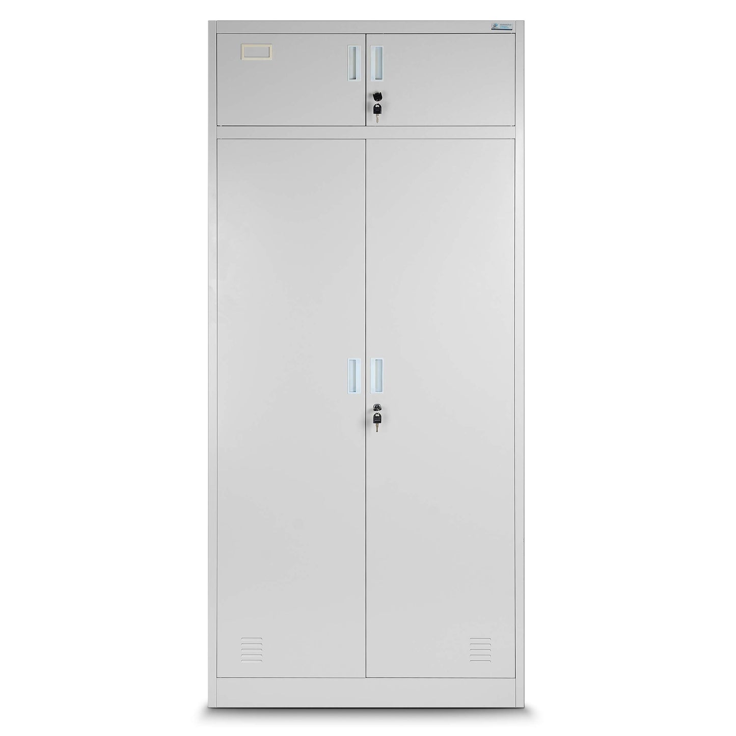 Jan Nowak Aktenschrank, Mehrzweckschrank, Spind Schrank | Geheimfach, 2 Schubladen, 4 Fachböden, Mit Kleiderstange, Spiegel, Pulverbeschichtet, Abschließbar, Metall | 185 cm x 90 cm x 50 cm Grau