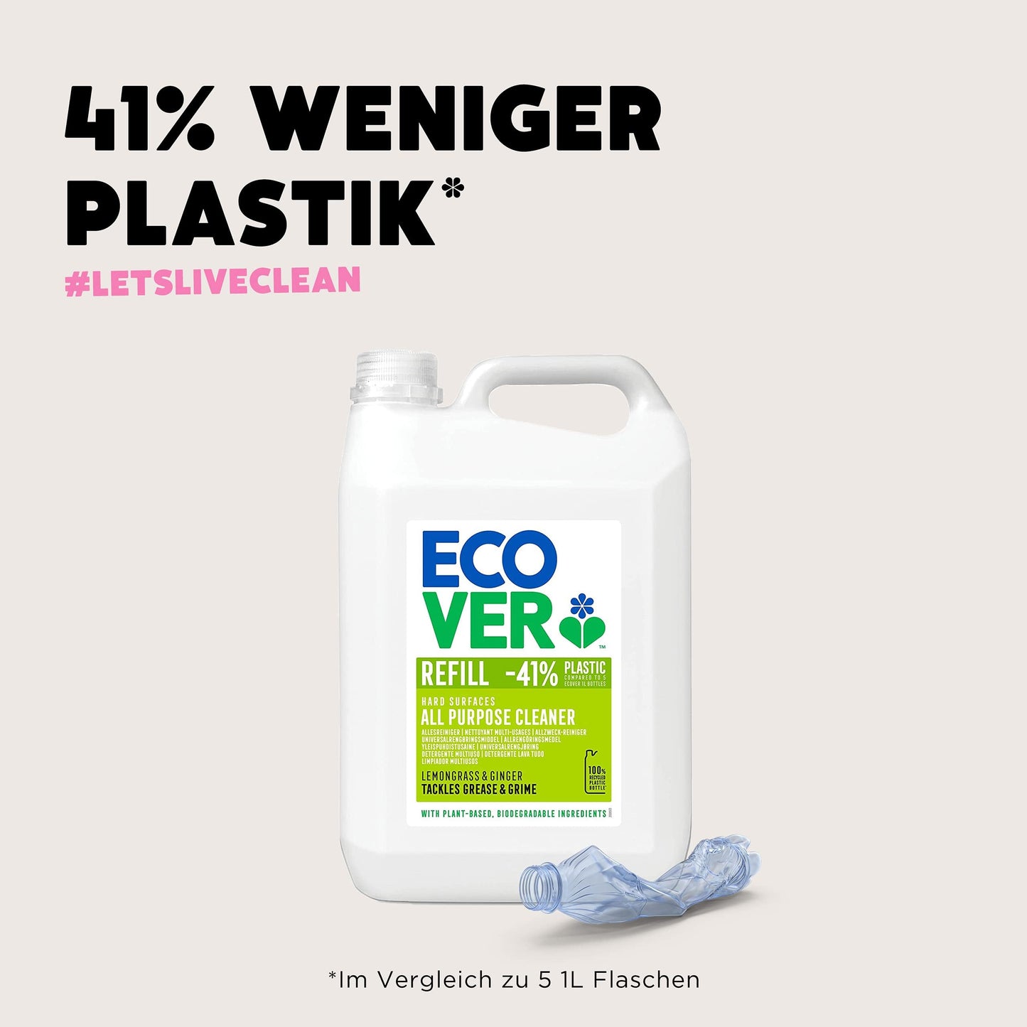 Ecover Allzweckreiniger Zitronengras & Ingwer (5 L), nachhaltiger Reinger und Fettlöser mit pflanzenbasierten und biologisch-abbaubaren Inhaltsstoffen, Veganer-freundliche Formel | 1er Pack