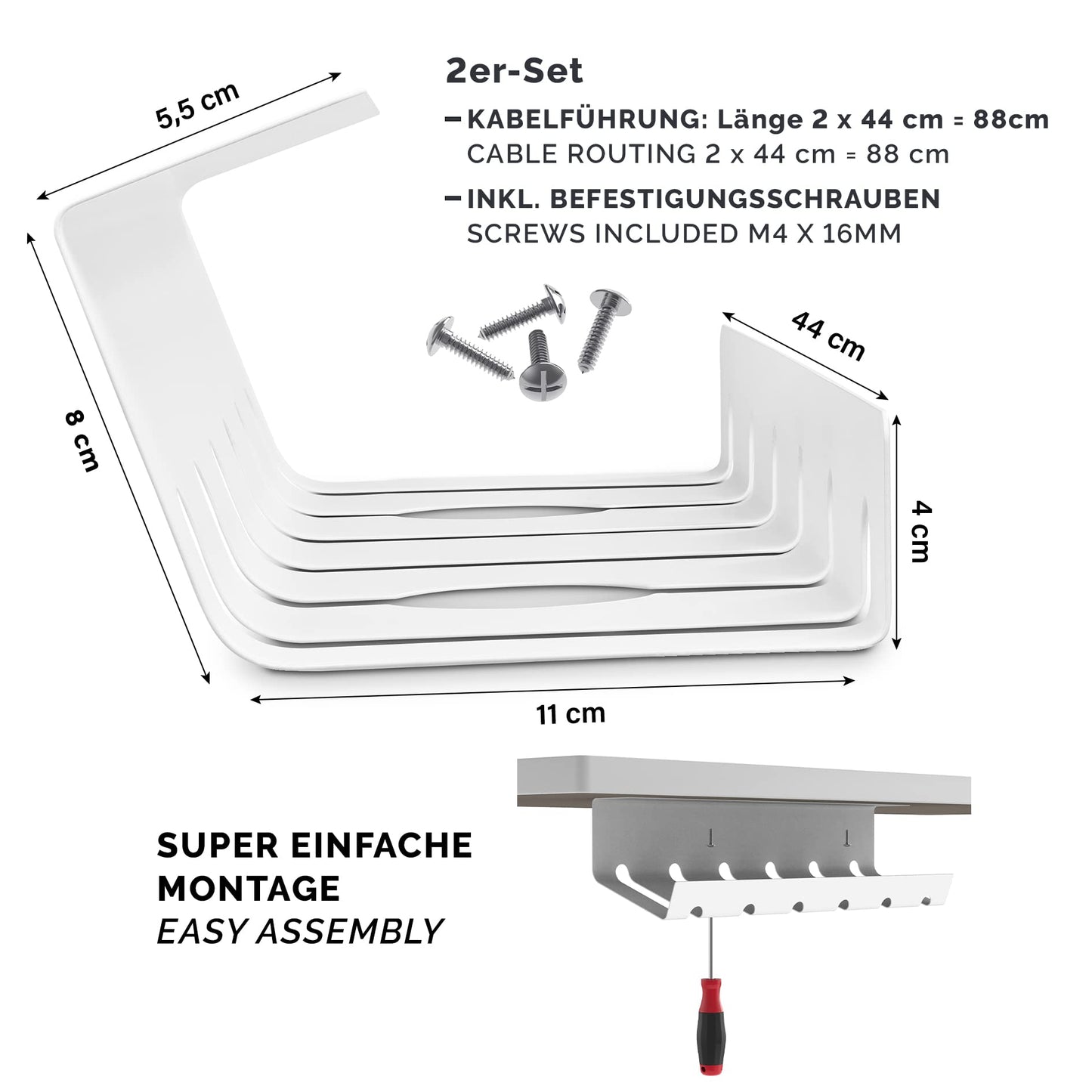 PAMO Kabelkanal Schreibtisch 2er Set zur einfachen Montage untertisch I inkl. 10x Klett Kabelbinder und Kabel-Clips I Schreibtisch Organizer für Büro/Home Office Tisch