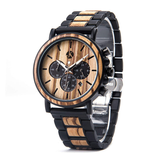 Kim Johanson Herren Holz-Edelstahl Armbanduhr *Military* in Hellbraun Chronograph mit Stoppuhr & einem Gliederarmband Handgefertigt Quarz Analog Uhr inkl. Geschenkbox