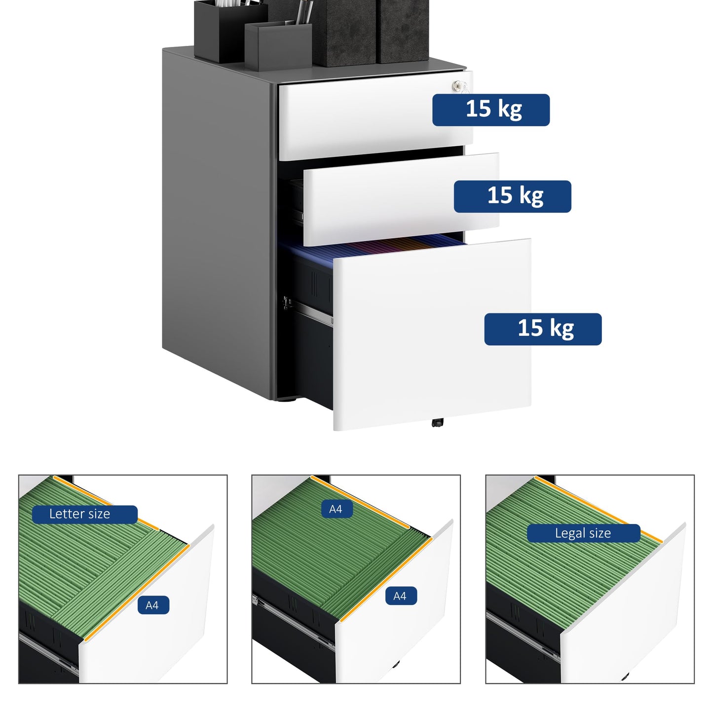 Vinsetto Rollcontainer, mobiler Aktenschrank mit 3 Schubladen, abschließbarer Büroschrank mit Hängeregistratur, Aufbewahrung, Stahl, 39 x 48 x 59 cm Weiß+Grau