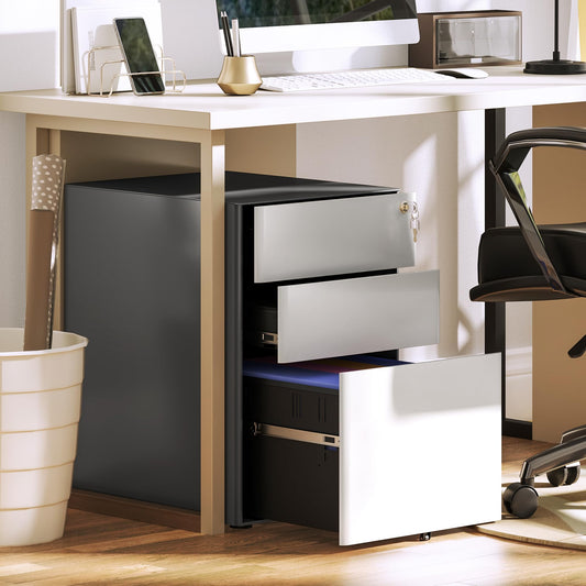 Vinsetto Rollcontainer, mobiler Aktenschrank mit 3 Schubladen, abschließbarer Büroschrank mit Hängeregistratur, Aufbewahrung, Stahl, 39 x 48 x 59 cm Weiß+Grau