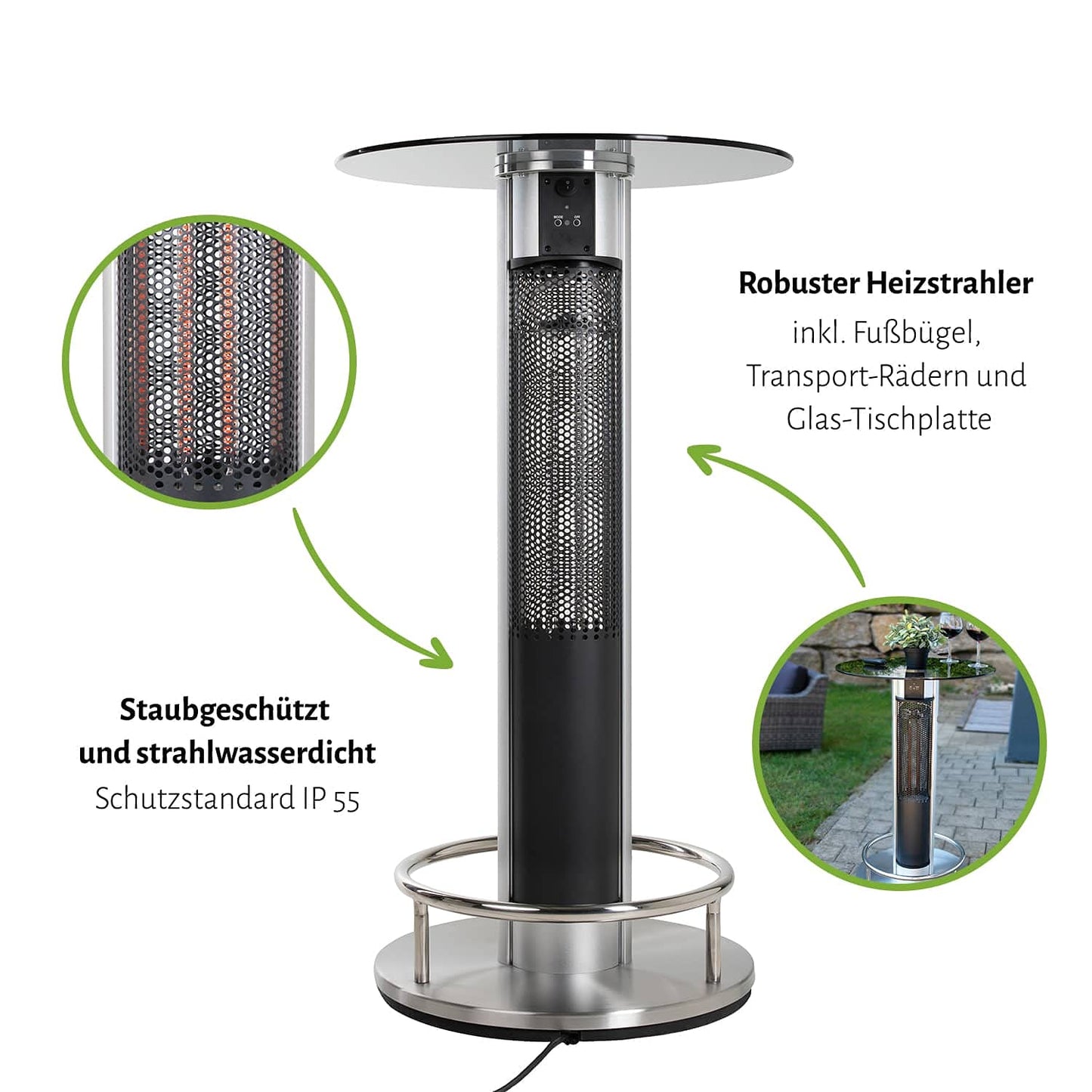 empasa Bartisch mit Heizfunktion elektrischer Stehtisch-Heizer Bartischheizer 'CALIDO' Infrarot Heizstrahler Elektroheizer Terrassenheizer Bistrotisch mit Fernbedienung, wahlweise mit Abdeckhaube