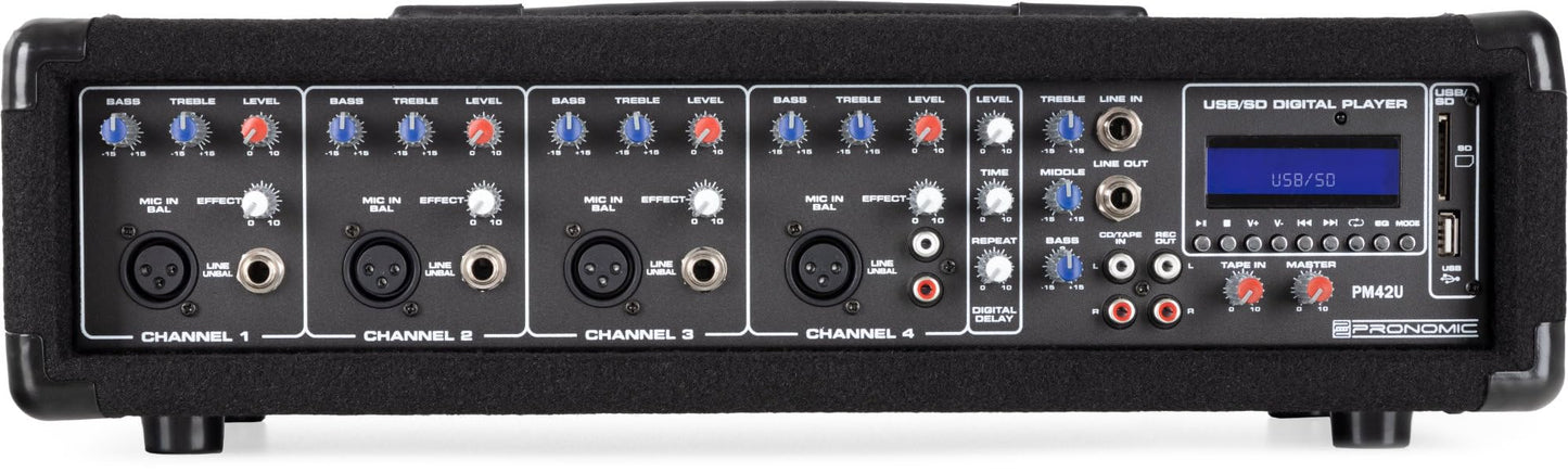Pronomic PM42U MKII MP3 4-Kanal Powermischer - Mischpult mit Verstärker und integriertem USB/SD MP3-Player - 2x 100 Watt - Mic/Line/Instrument-Input - Powermixer mit 3-Band Graphic Equalizer