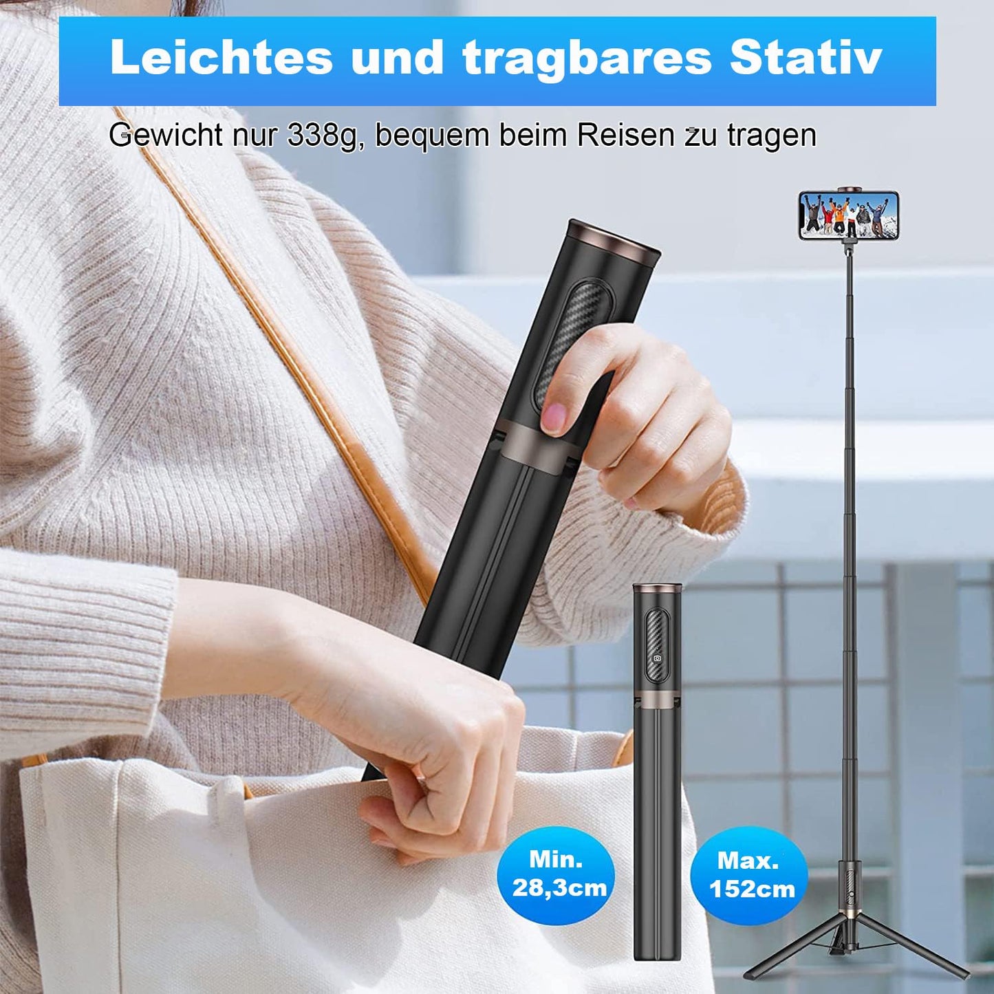 TONEOF 152CM Selfie Stick Stativ, Ausziehbar All-in-1 Handy Stativ aus Aluminium mit Kabelloser Fernbedienung und 9 Teleskopstange,Drehbar Handyhalter für iPhone/Android-Schwarz