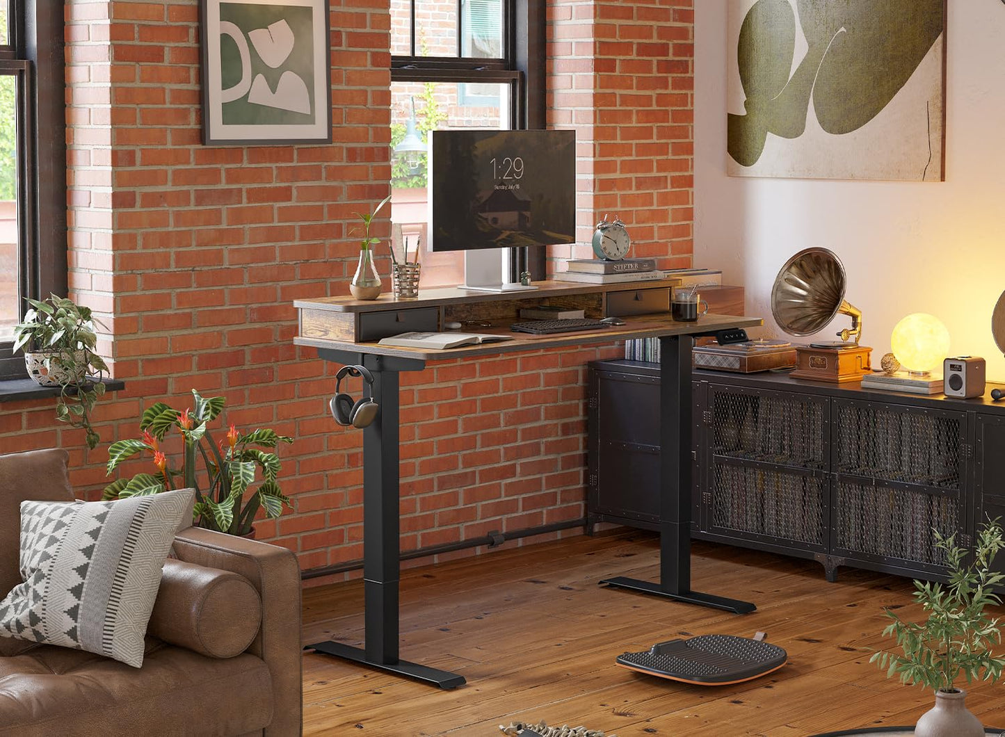 FEZIBO Höhenverstellbarer Elektrischer Stehtisch mit Doppelschublade, 120 x 60 cm Heimbüro Schreibtisch mit Ablagefach, Sitz-Steh-Schreibtisch Computerarbeitsplatz, Rustikal Braun Oberfläche