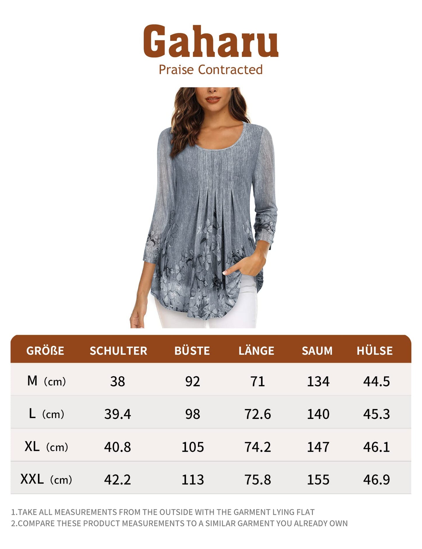 Gaharu Damenblusen 3/4 Arm Elegant Business Oberteil Frauen Festlich Tunika Damen zur Hochzeit Top Trendy Weite Passform Bluse A-Form Weich Falten Shirt Fallende Mehrlagige Bluse Grau-Blumen,XL