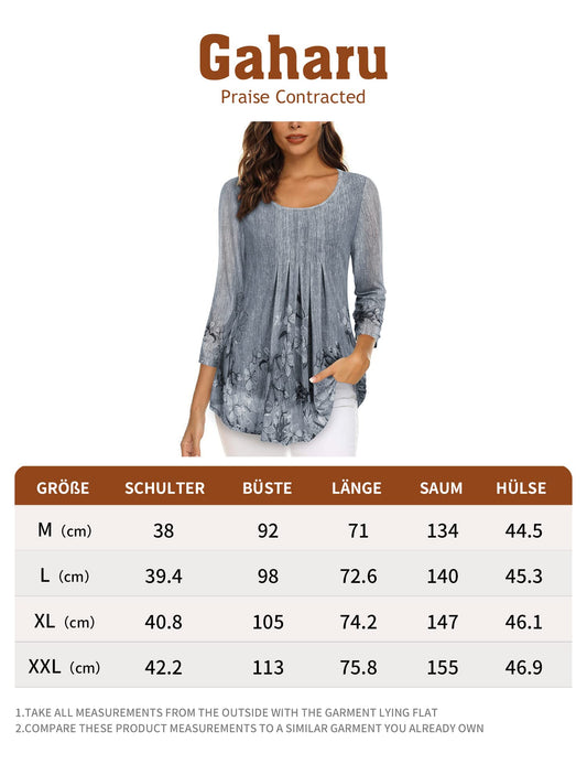 Gaharu Damenblusen 3/4 Arm Elegant Business Oberteil Frauen Festlich Tunika Damen zur Hochzeit Top Trendy Weite Passform Bluse A-Form Weich Falten Shirt Fallende Mehrlagige Bluse Grau-Blumen,XL