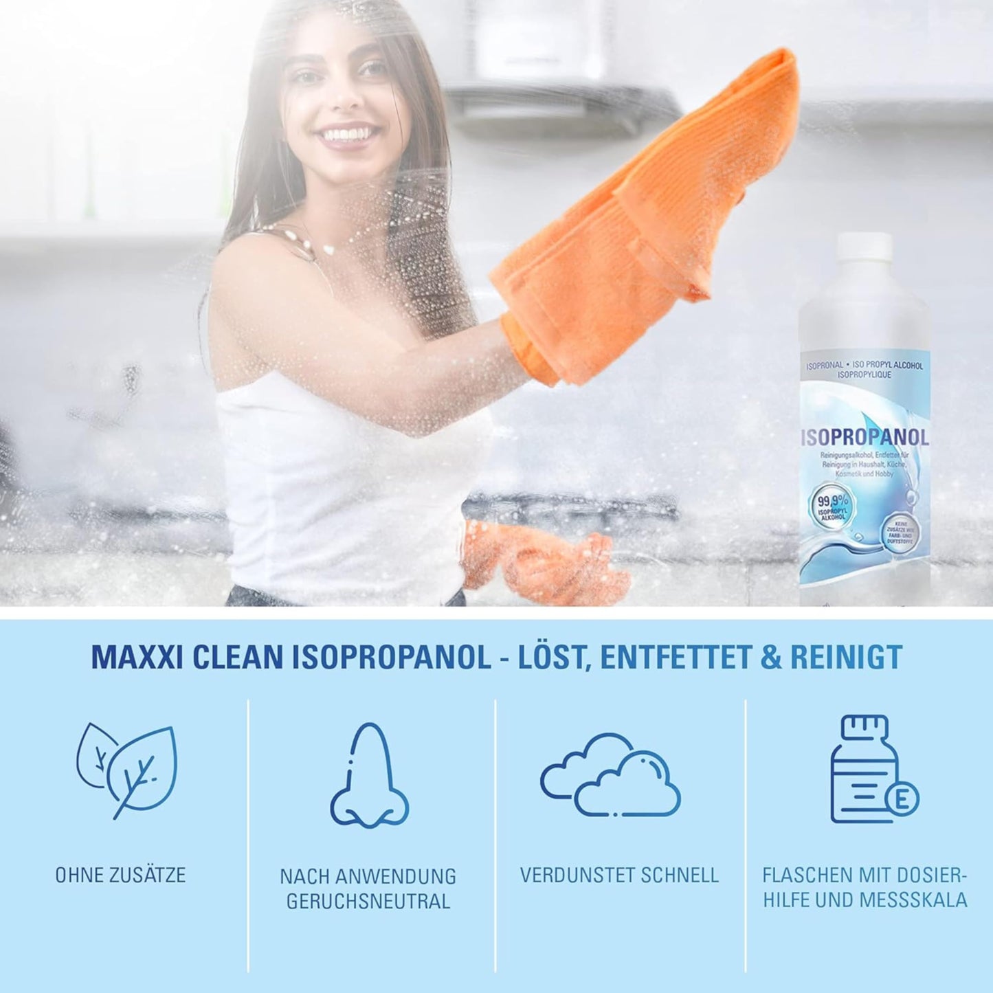 Maxxi Clean | Reines Isopropanol (99,9%) Reinigungsalkohol | 1x 750 ml Fettlöser & Lösungsmittel | rückstandsfrei anwendbar zur Reinigung von elekt. Bauteilen, Schallplatten, Druckköpfen und mehr