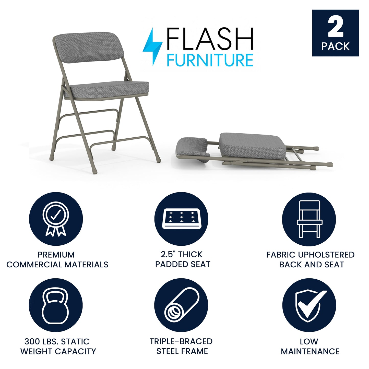 Flash Furniture Klappstuhl HERCULES aus Metall – Dick gepolsterter Stuhl für Gäste oder Veranstaltungen – Stabiler Küchenstuhl auch für draußen geeignet – 2er-Set – Grau