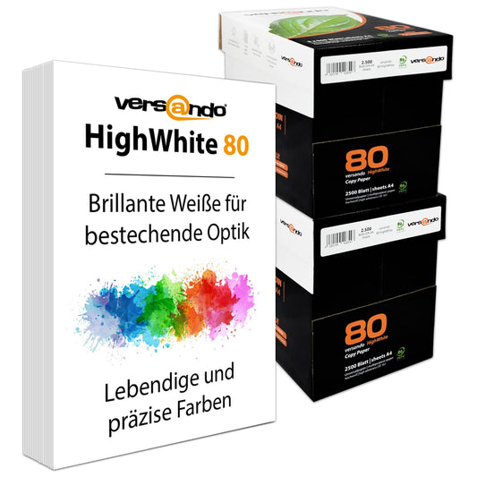 versando 5.000 Blatt Druckerpapier A4 hochweiß CIE161 Premium Kopierpapier (10x 500 Blatt HighWhite 80) strahlende Farben, klare Schrift, PEFC zertifiziert