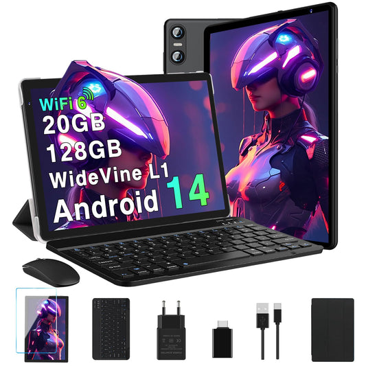 Biegedy Tablet 10 Zoll Android 14 Octa-Core,Tablet PC 20 GB RAM+128 GB ROM (TF1 TB),5G WLAN 6丨Widevine L1丨GMS丨6000mAh丨5MP+8MP丨Bluetooth 5.0丨1280 * 800丨Tablet mit Tastatur Maus Schwarz