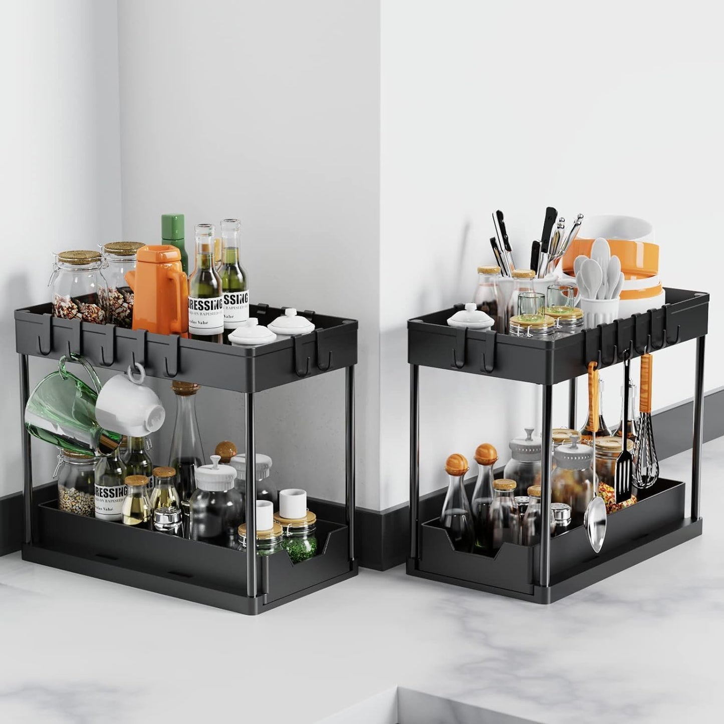 Meltrck Spülschrank Organizer - 2 Stück Unter Waschbecken Regal Organizer - Ausziehbares Lagerregal Organizer mit 16 Haken,Schwar