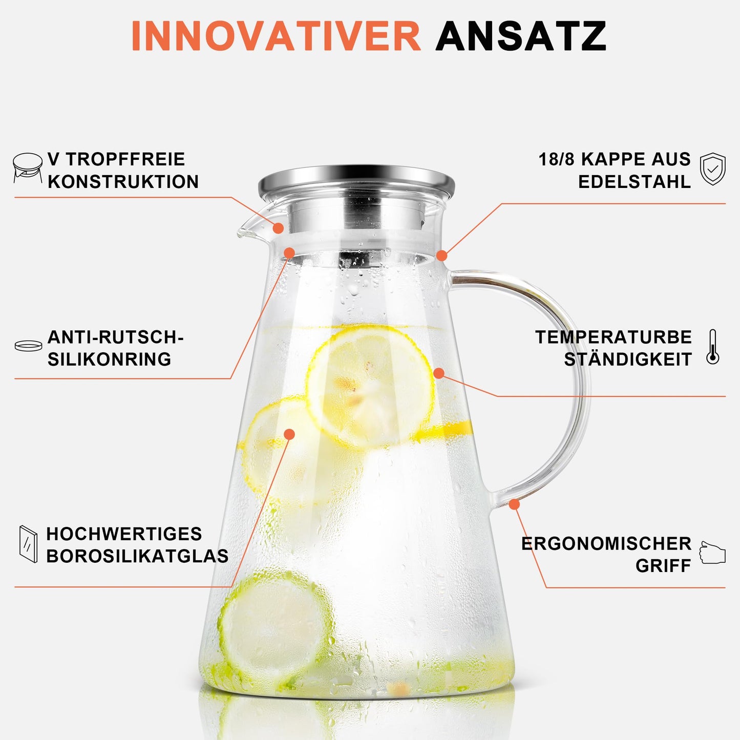 SUSTEAS 2.0 Liter 70 Unzen Glas Krug karaffe mit Deckel Eistee Krug Wasserkrug Heißes Kaltes Wasser Eistee Wein Kaffee Milch und Saft Getränkekaraffe wasserkaraffe