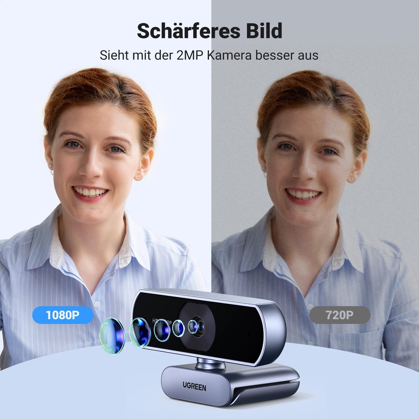 UGREEN Webcam Full HD 1080P/30fps USB Webcam für PC, Webcam mit Mikrofon, klares Stereo-Audio, automatische Lichtkorrektur, 85° Ansicht, USB Webcam für Live Streaming, Videoanrufe, Lernen, Konferenzen
