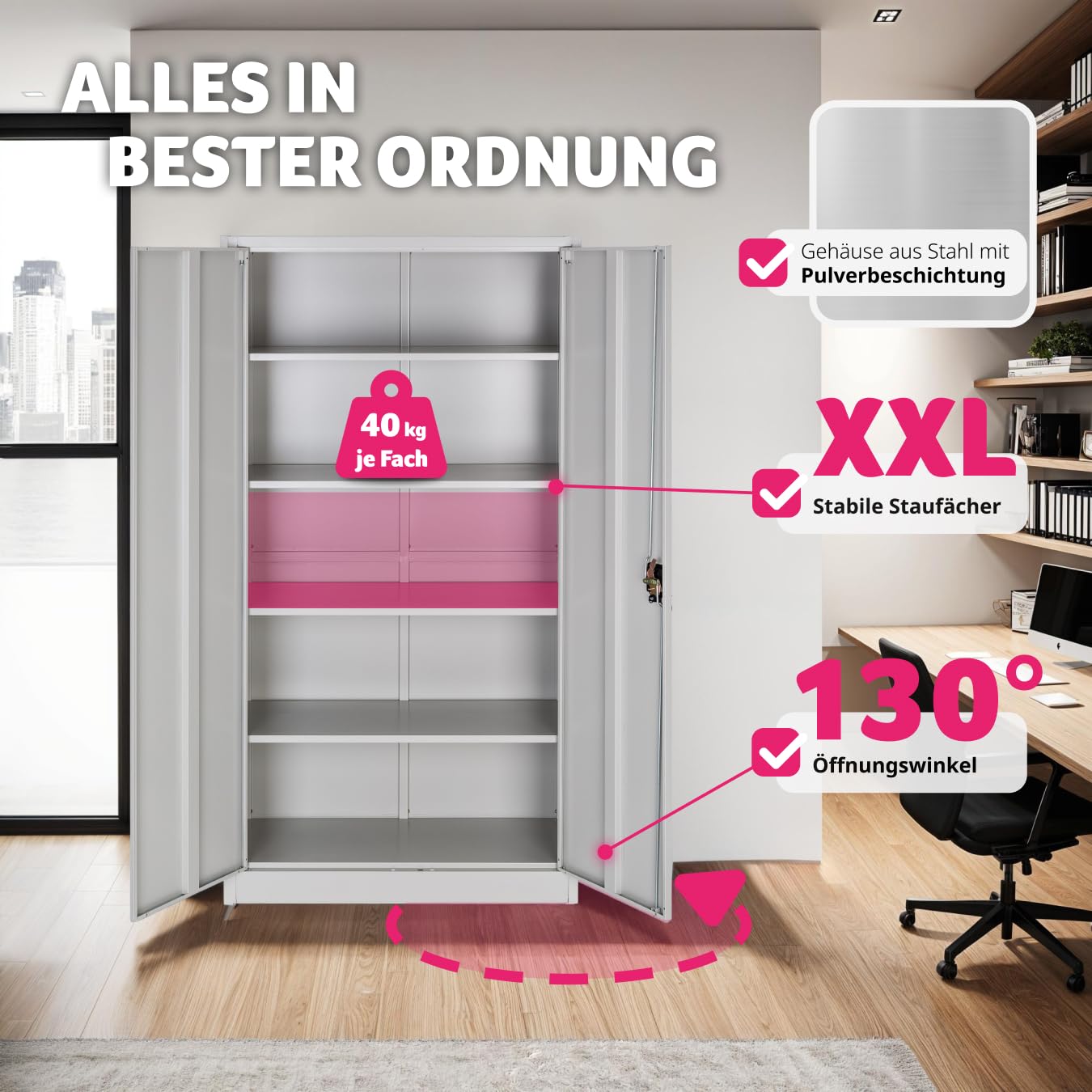 tectake® Aktenschrank, Büroschrank abschließbar, Mehrzweckschrank aus Stahl, Allzweckschrank mit 2 Türen, inkl. 3 höhenverstellbare Einlegeböden, Aktenschrank abschließbar 180x80x40 cm - grau