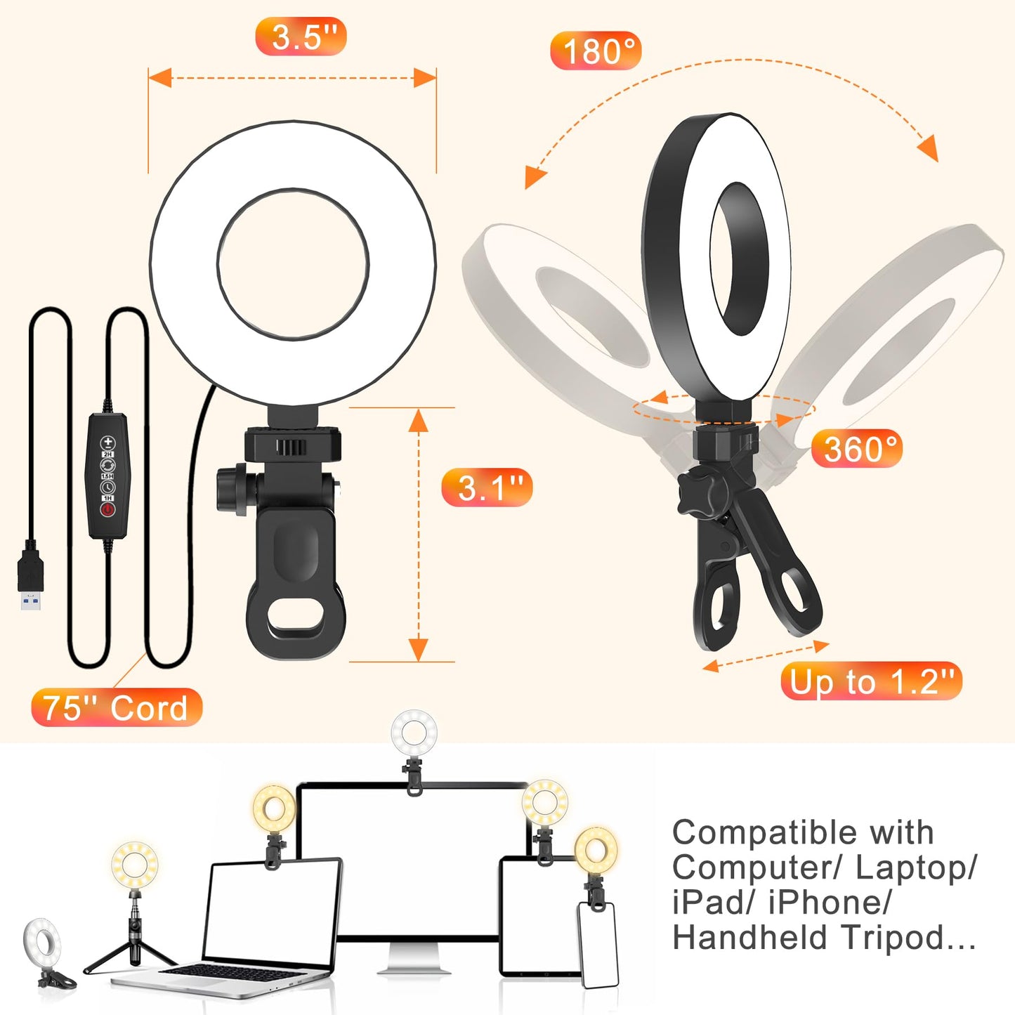 Mojimdo LED Ringlicht für Handy und Laptop, Selfie Licht mit 3 Farbtemperaturen und 5 Helligkeitsstufen, USB Videolicht für Videokonferenz, Zoom, YouTube,