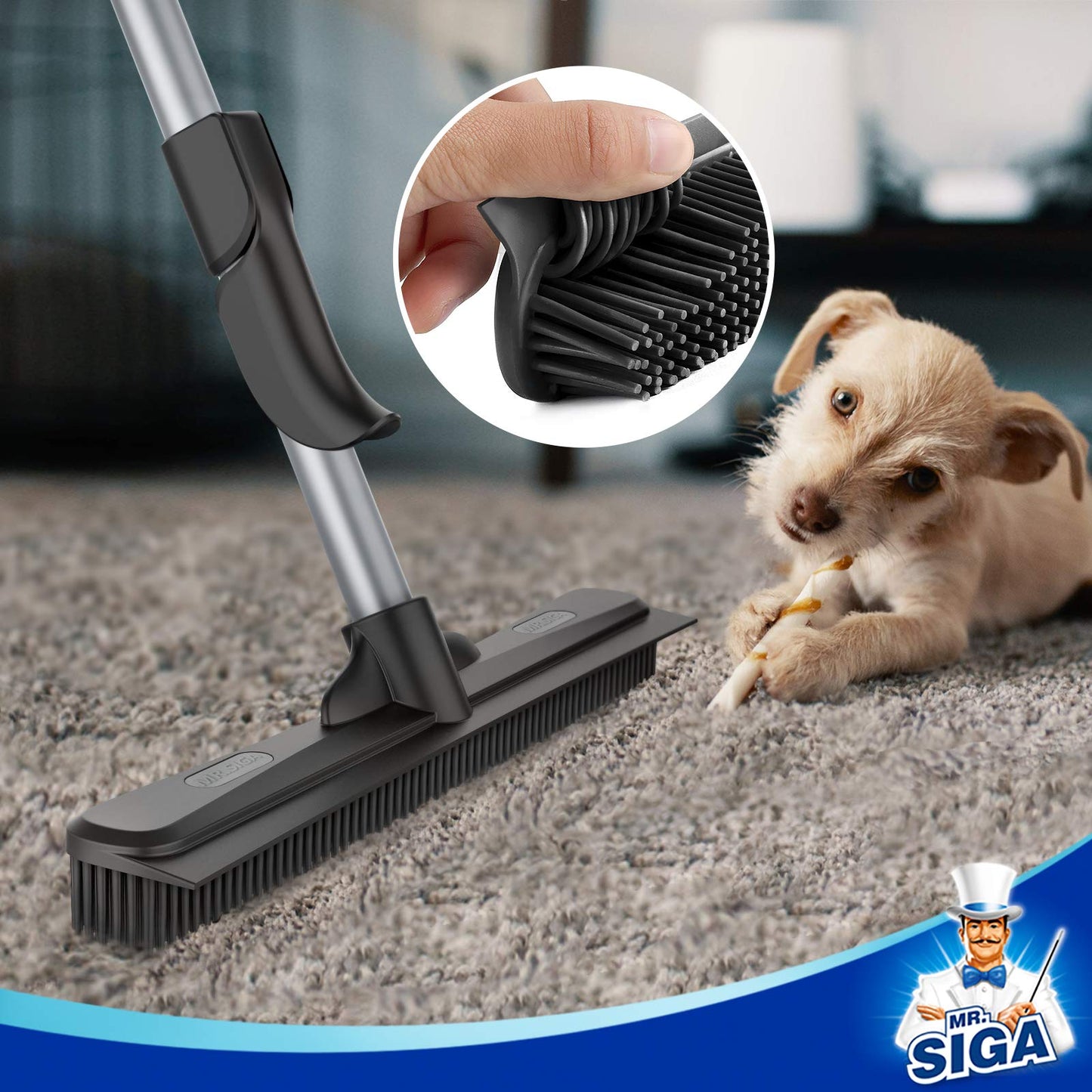 MR.SIGA Gummibesen mit Abzieher zum Entfernen von Tiere Katzen Hunde Haare, 3 in 1 Bodenbürste für Teppich, 155cm Verstellbarer Griff, enthält 1 Mikrofasertuch zum Abstauben des Bodens