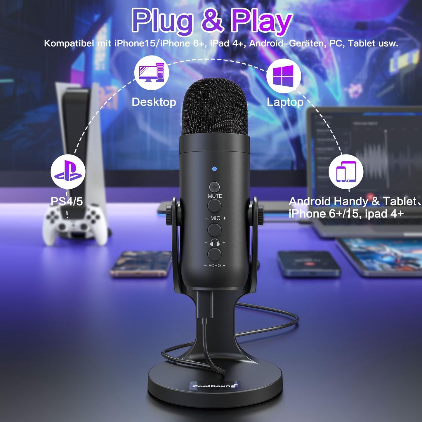 zealsound USB Mikrofon, Kondensator Mikrofon für PC Handy, PS4, PS5, Microphone PC USB C für Gaming, Podcast,Aufnahmen,Streaming,ASMR mit Stumm/Gain/Echo, Adapter für Phone,Kompatibel mit Mac, Winows