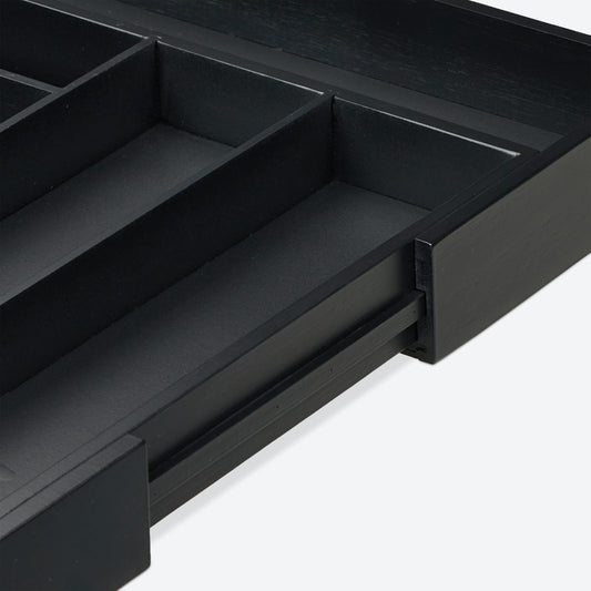 Relaxdays Besteckkasten ausziehbar, Bambus, HBT: 5 x 32,5-55 x 44,5 cm, 5-7 Fächer, Besteckfach mit Messerblock, schwarz, 1 Stück