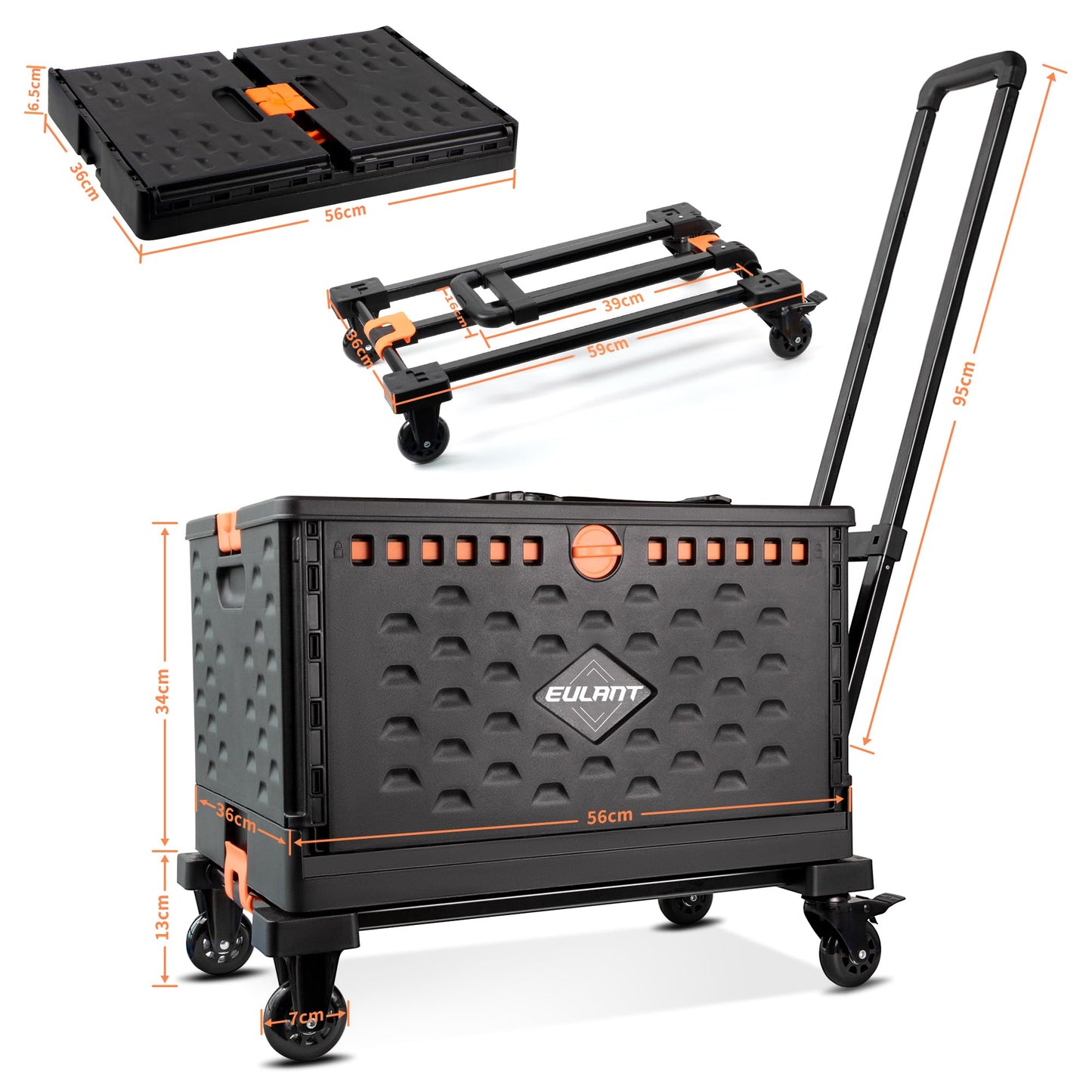 EULANT 2 in1 Faltbare Handwagen mit 60L Faltbox & Deckel, Transportkiste mit Rollen & Bremse, Utility Transportwagen mit 360° drehbaren Rädern & 2 Elastischen Seilen,Einkaufstrolley Klappbar