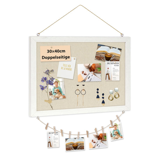 DOLLAR BOSS Pinnwand Kork mit Leinen 30×40CM Korkwand Pinnwand Klein, Pinwand mit Weißem Rahmen Doppelseitige Korktafel Für Zuhause, Küche, Büro, Dekoratives Aufhängen mit 10 Reißzwecken 1 Stück
