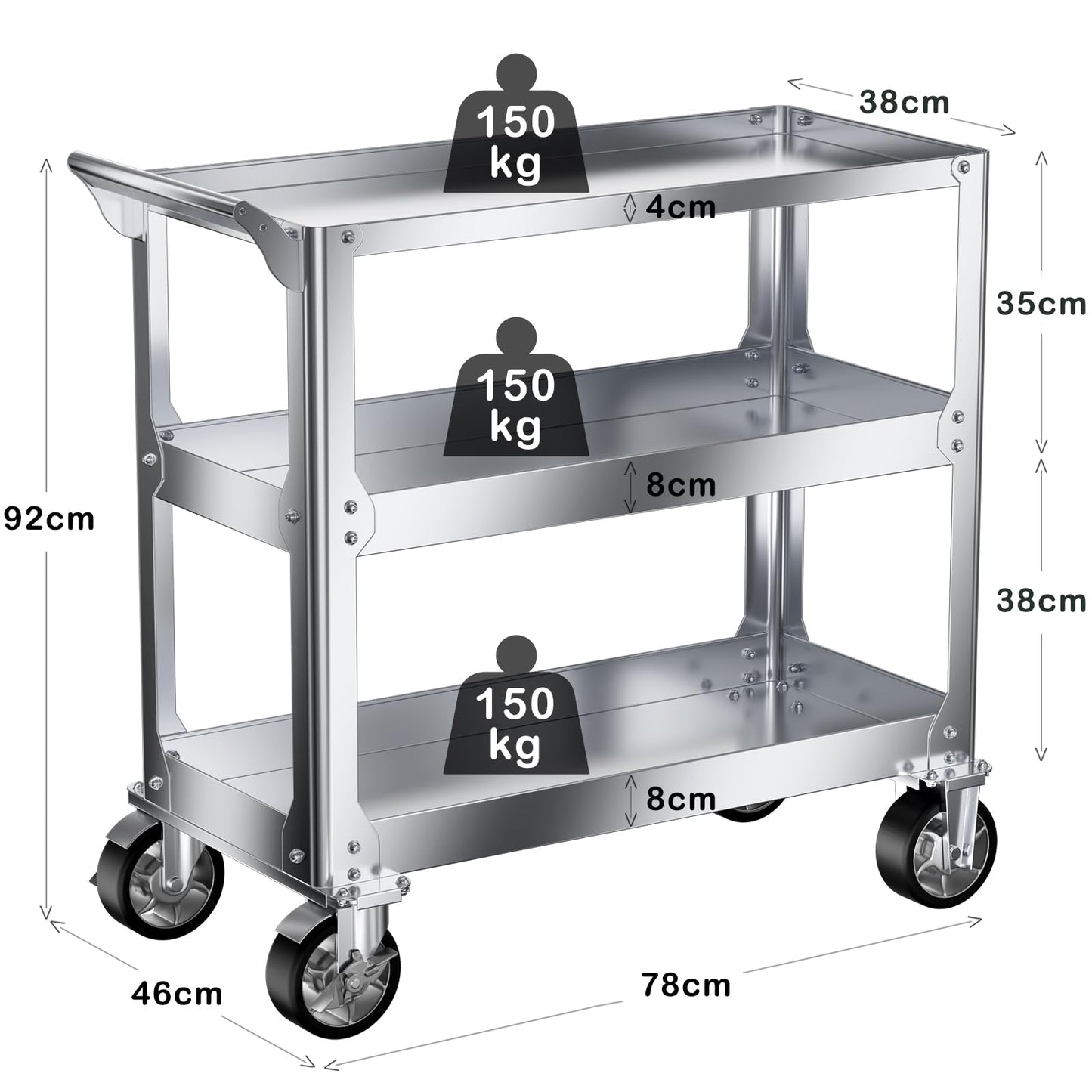 Edelstahl Rollwagen Werkstatt, 3-Etagen Rollbar Montagewagen mit 500kg Tragkraft, Multifunktionaler Materialwagen mit Rollen, Kommissionierwagen, Vielzweckwagen für Garage, Werkstatt, 78 x 46 x 92cm