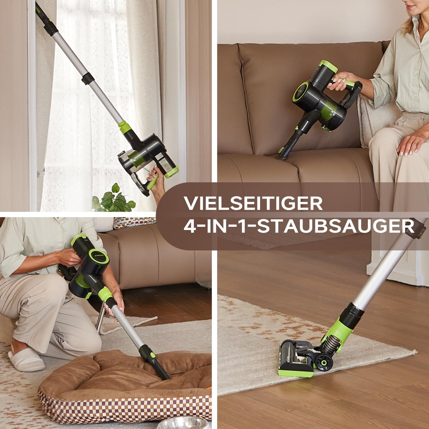 FAMIVAC Akku Staubsauger, 40KPa/550W Kabellos Akkustaubsauger, 6-in-1 Selbststehend, Starke Saugleistung, 6-Stufiges Filtersystem, Ultraleise, V-förmige Bodenbürste für Hartböden/Teppich/Tierhaare